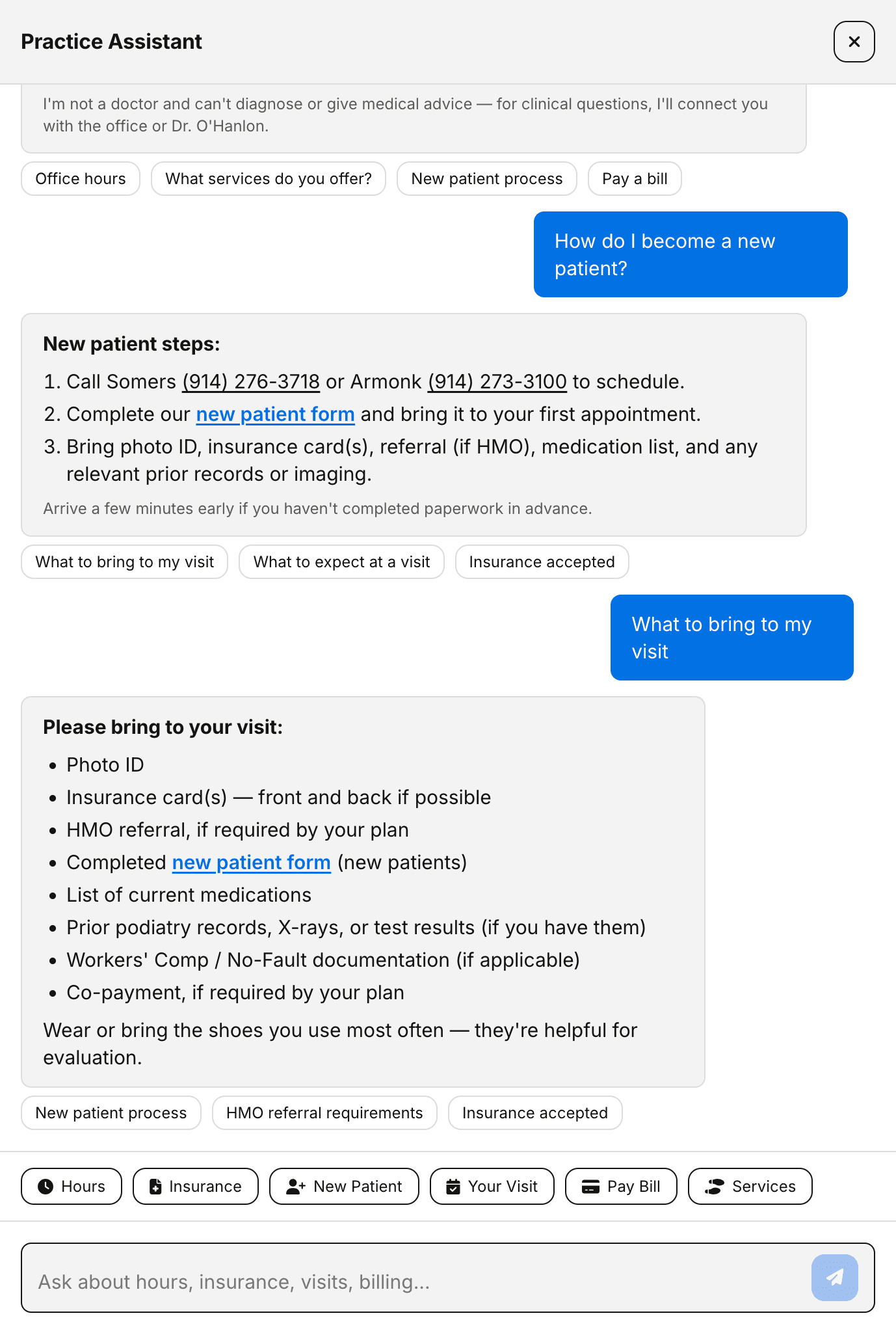 The safeguarded AI assistant on the Armonk-Somers Podiatry site: a foot health assessment chat that asks structured questions, surfaces relevant services, and stays within practice-approved scope instead of offering open-ended medical advice.