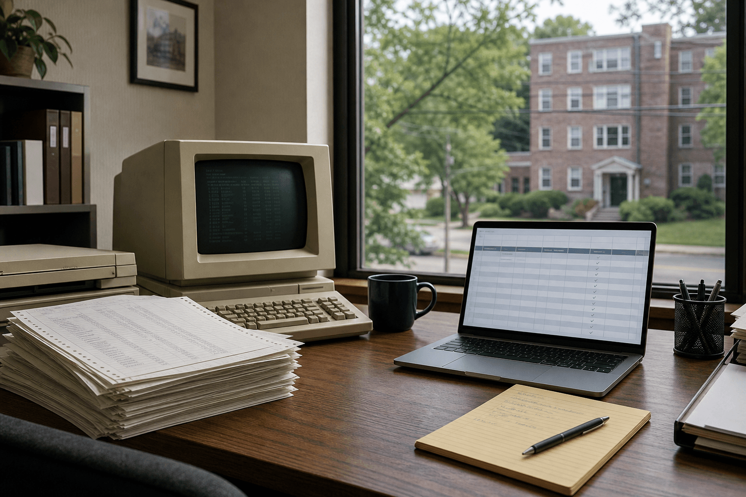 A property-management office with a legacy computer, accounting printouts, and a modern laptop overlooking an apartment building