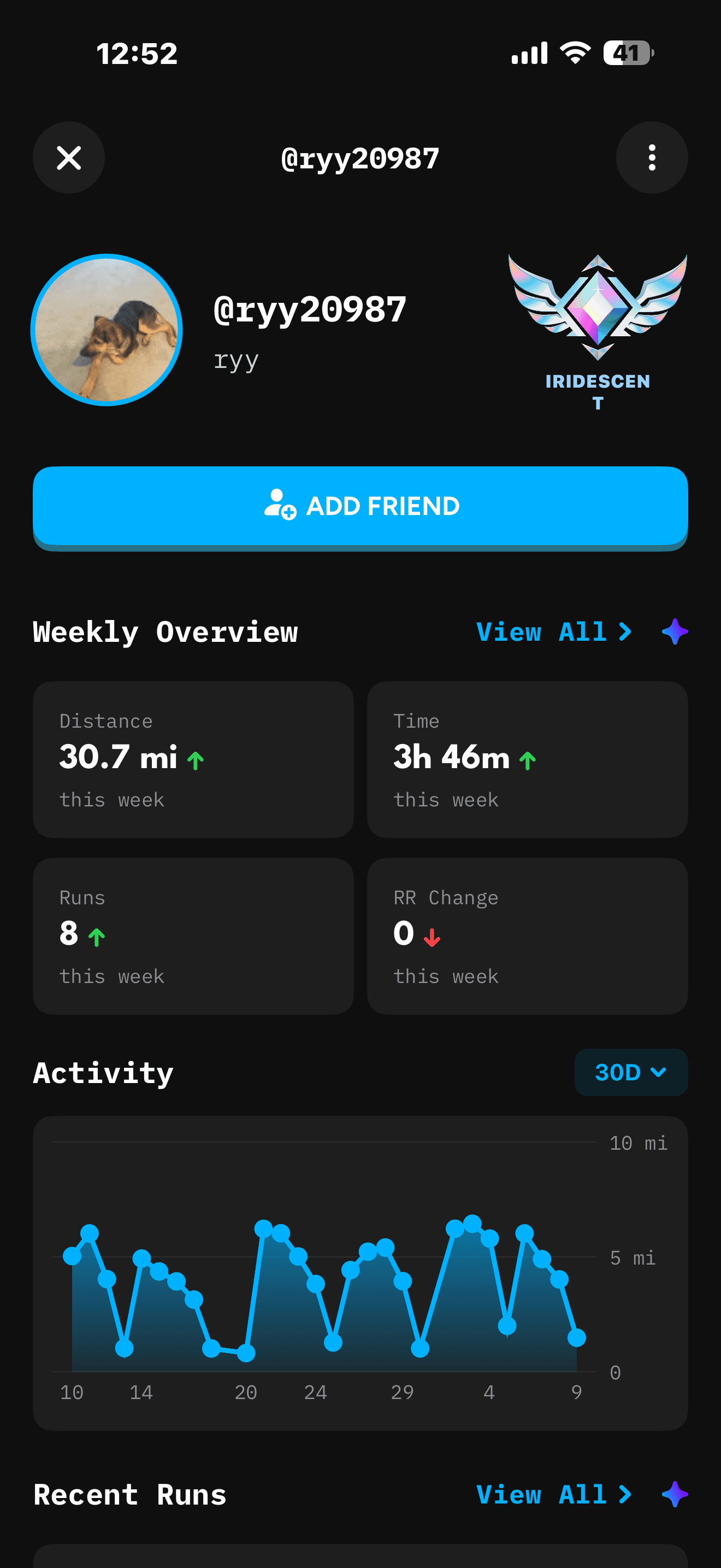Runify profile screen with XP, rank tier, and streak progress